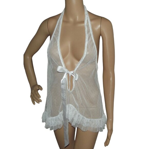 Frederick Medium Gown white purple mesh V-Neck Babydoll chemise nightie polkadot - Picture 1 of 8